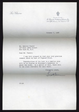Item #613083 Typed Note Signed regarding his Bust of Sigmund Freud. Leo CHERNE