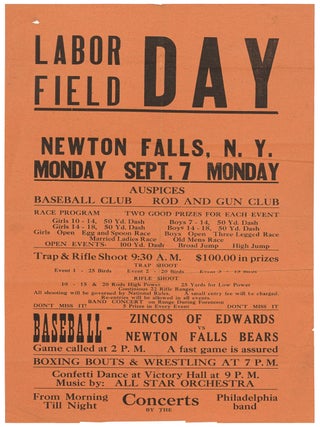 Item #613218 [Broadside]: Labor Field Day. Newton Falls, N.Y...Auspices Baseball Club / Rod and...