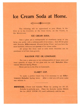 Item #614036 [Recipe Handbill]: Ice Cream Soda at Home. KALUDOR Water