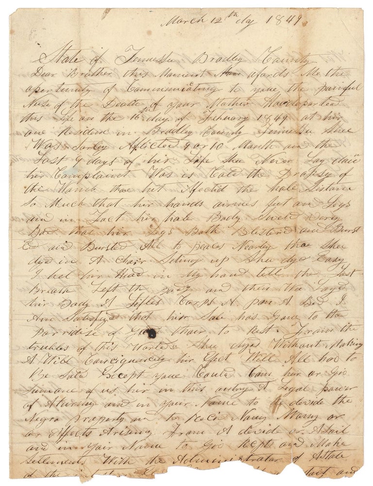 Item #614402 [Letter]: Request for a Brother's Help as Power of Attorney in Regard to the Sale of Six Slaves &ndash; Tennessee, 1849