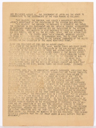 [Shipboard Printing]: USS Anzio Press News Extra: PEACE. Japan Surrenders Without Reserve!! M'Carthur to be Boss