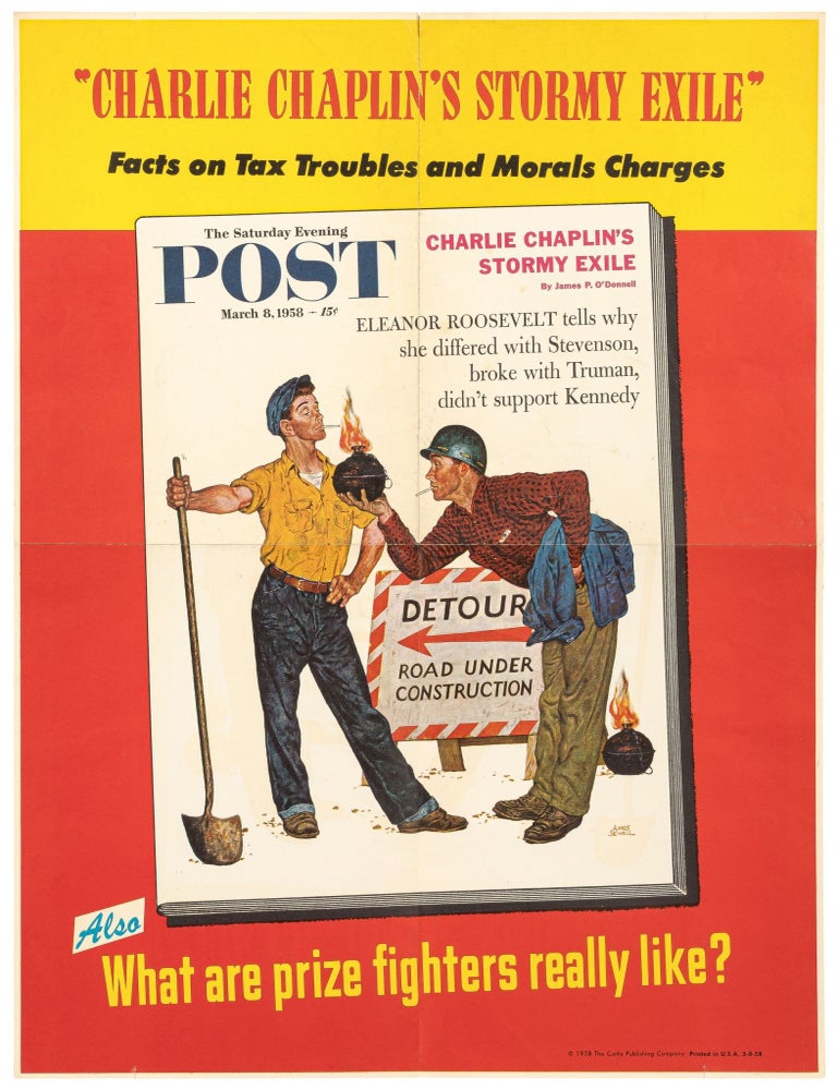 Item #616805 [Poster]: The Saturday Evening Post &ndash; March 8, 1958: "Charlie Chaplin's Stormy Exile": Facts on Tax Troubles and Morals Charges. Also: What are prize fighters really like? Charlie CHAPLIN, cover art by Amos Sewell.