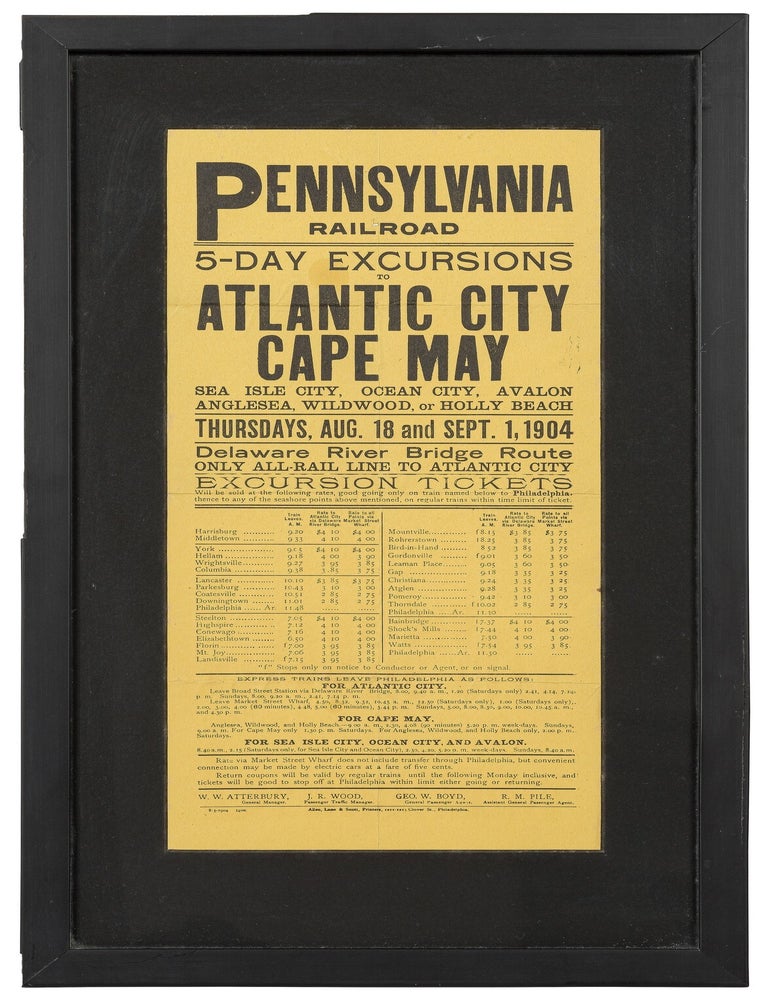 Item #617310 [Broadside, Jersey Shore]: Pennsylvania Railroad 5-Day Excursions to Atlantic City, Cape May, Sea Isle City, Ocean City, Avalon, Angelsea, Wildwood, or Holly Beach...1904