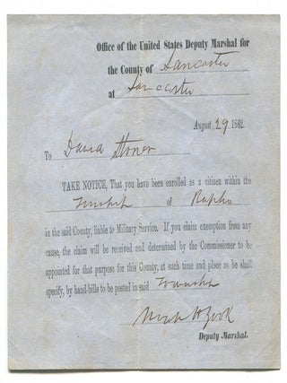 Item #618217 Civil War Union Draft Registration Notice for David Stoner of Rapho, Lancaster...