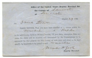 Item #618217 Civil War Union Draft Registration Notice for David Stoner of Rapho, Lancaster...