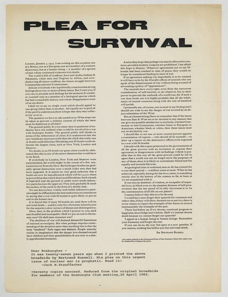 Item #618514 [Broadside]: Plea for Survival. Bertrand RUSSELL.