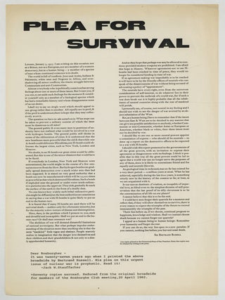 Item #618514 [Broadside]: Plea for Survival. Bertrand RUSSELL