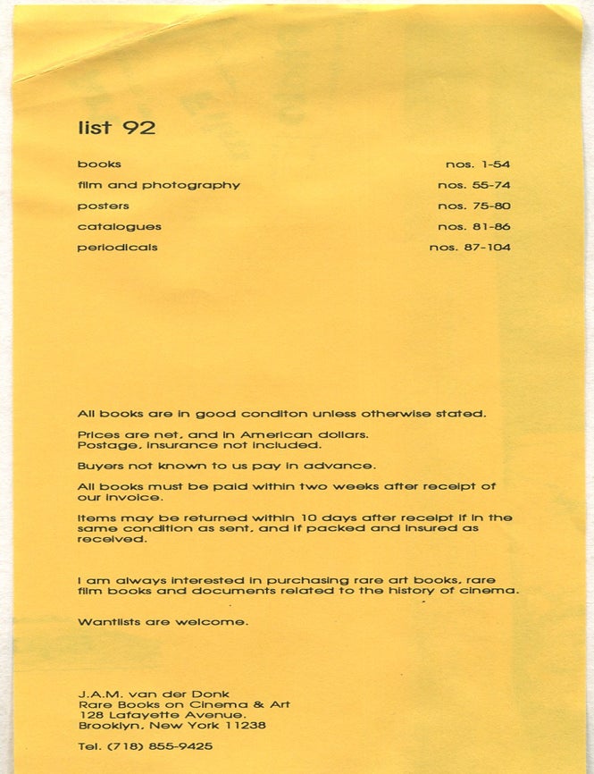 Item #621354 [Bookseller Catalog]: J.A.M. van der Donk Rare Books on Cinema & Art &ndash; List 92: Art, Film, Photo