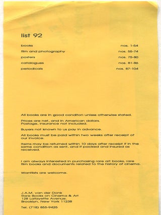 Item #621354 [Bookseller Catalog]: J.A.M. van der Donk Rare Books on Cinema & Art &ndash; List...