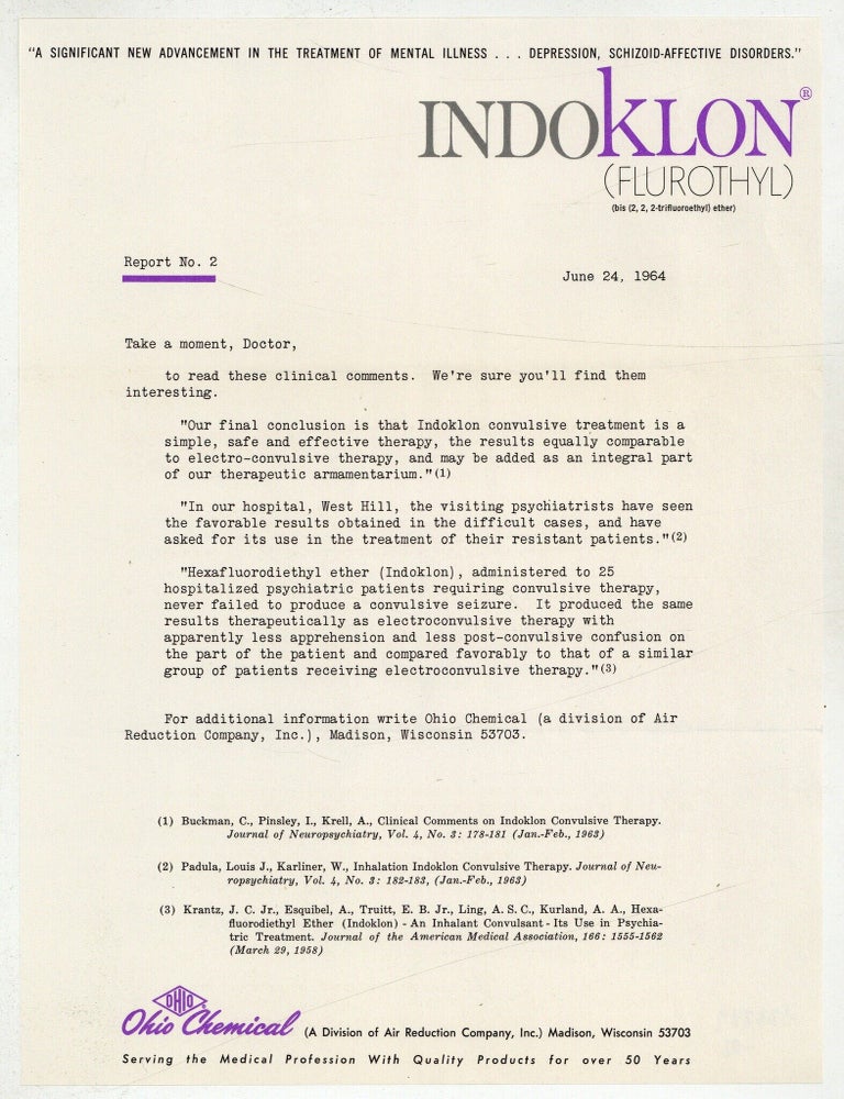 Item #622428 [Advertisement]: Indoklon (Flurothyl). "Take a moment, Doctor, to read these clinical comments..."
