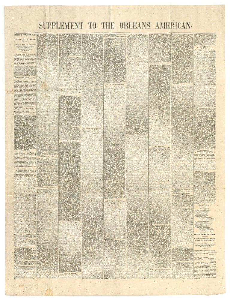Large Broadside Extra]: Supplement to The Orleans American. Speech of Hon. Noah Davis. The Issues. Noah DAVIS.