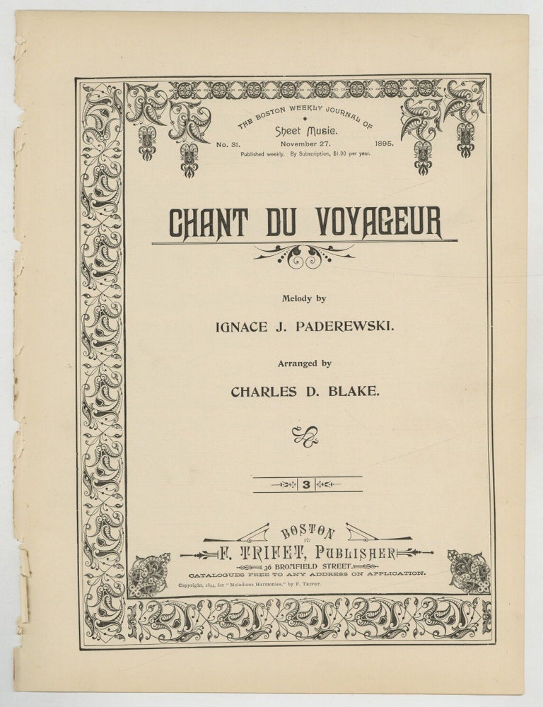 Item #623336 [Sheet music]: Song of the Voyager (Chant Du Voyageur). Ignace J. PADEREWSKI, arranged by Charles D. Blake.