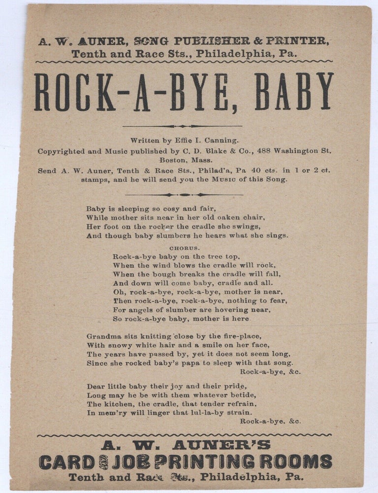 Item #623762 [Small broadside song sheet]: Rock-A-Bye, Baby. Effie I. CANNING, Crockett Carlton.