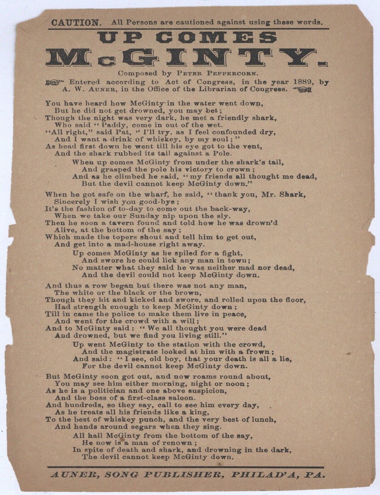 Small broadside song sheet]: Up Comes McGinty. Peter PEPPERCORN.