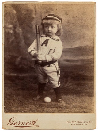 Item #624352 [Cabinet Card Photograph]: Cherubic Tow-Headed Toddler Dressed in Base Ball Gear