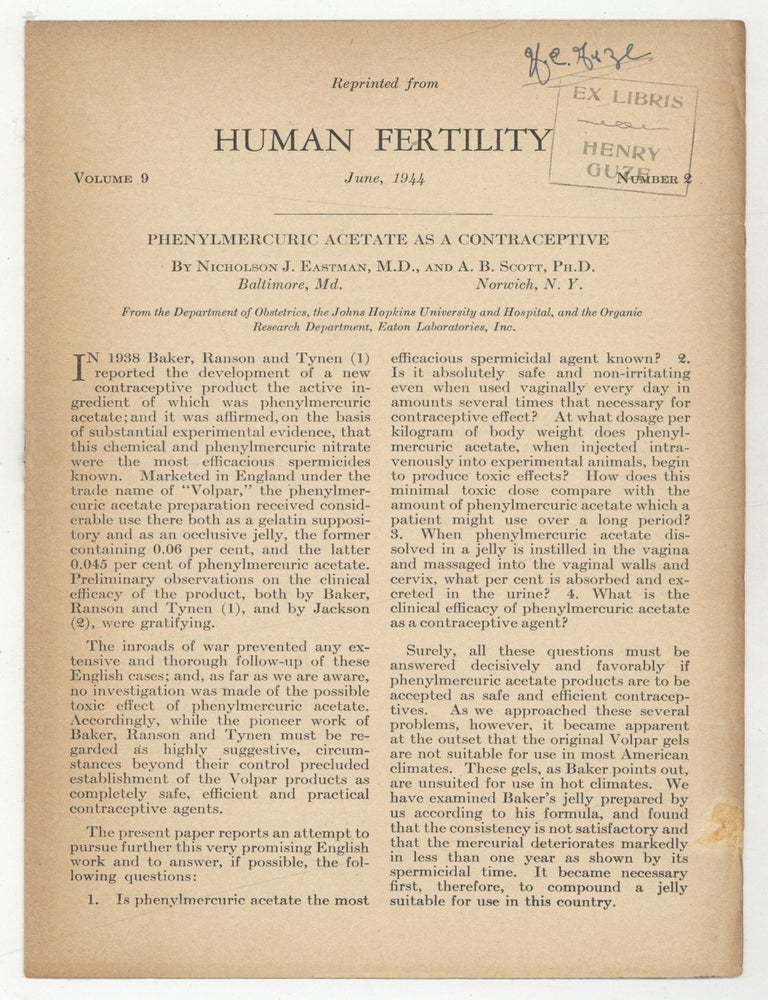 Item #625418 [Offprint]: Phenylmercuric Aceteate as a Contraceptive. Nicholson J. EASTMAN, A. B. Scott.