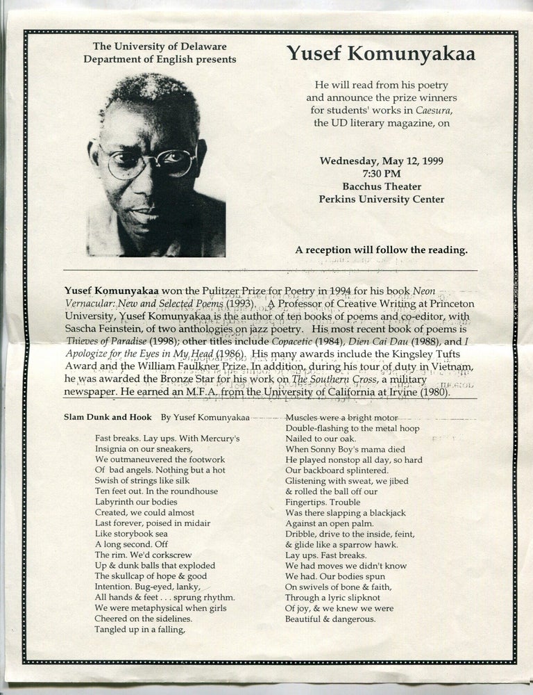 Item #625717 [Flyer or small broadside]: The University of Delaware Department of English presents Yusef Komunyakaa. He will read from his poetry. Yusef KOMUNYAKAA.