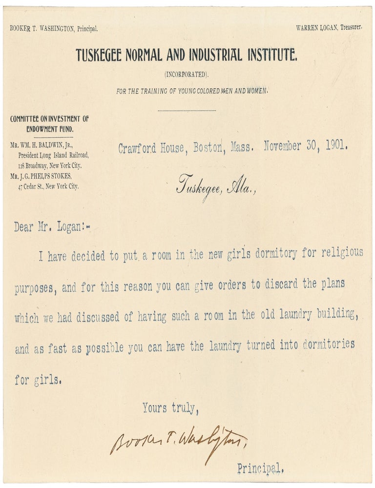 Typed Note Signed by Washington to the Treasurer of Tuskegee Institute, Warren Logan, about. Booker T. WASHINGTON.