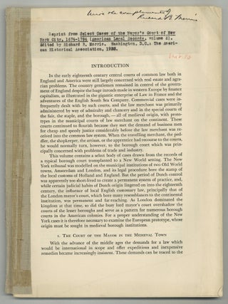 Item #628702 [Offprint]: Introduction [to] Select Cases of the Mayor's Court of New York...