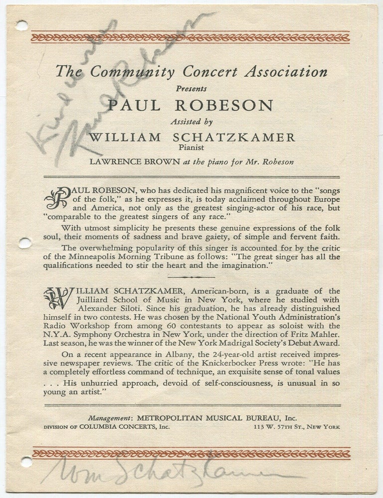 Item #628825 [Program]: The Community Concert Association Presents Paul Robeson Assisted by William Schatzkamer Pianist. Paul ROBESON.