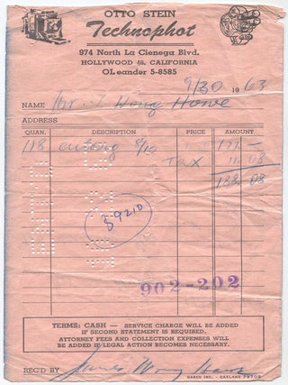 Item #628847 Signed Camera Shop Receipt. James Wong HOWE