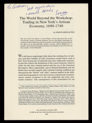 Offprint]: The World Beyond the Workshop: Trading in New York's Artisan Economy, 1690-1740