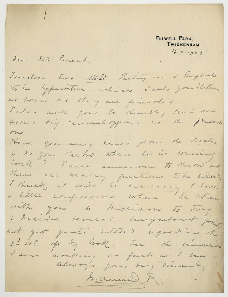Item #629190 Autograph Letter Signed ("Manuel R.") to Bookseller Ernest Maggs. King of Portugal MANUEL II, Dr. A. S W. Rosenbach Ernest Maggs.