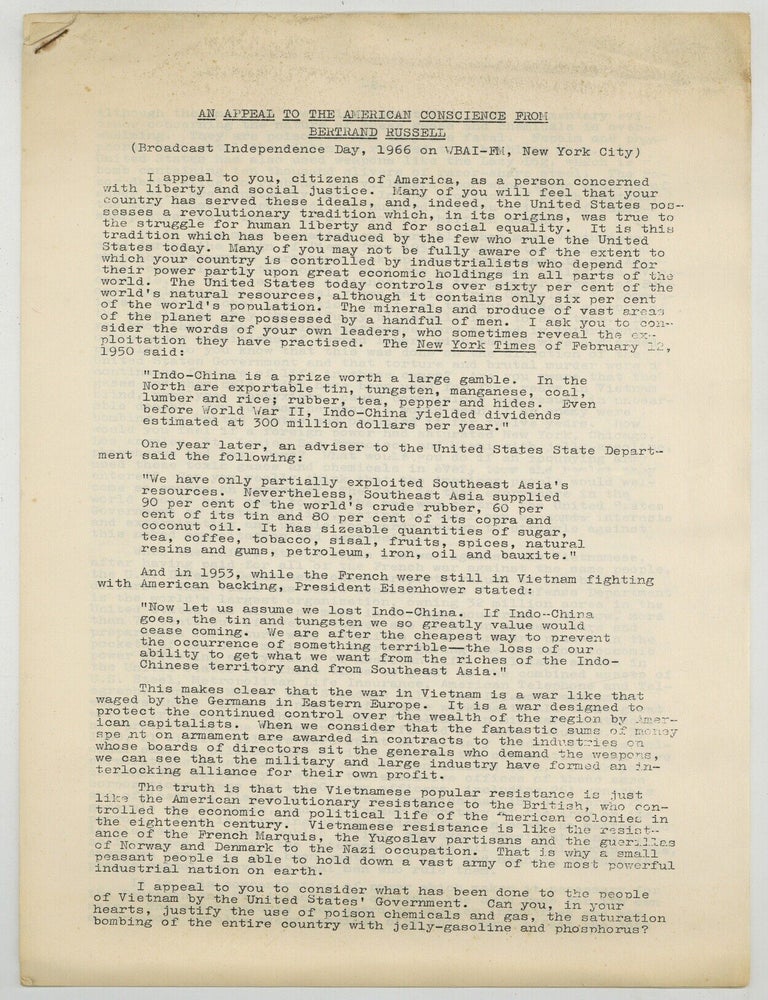 Item #629265 An Appeal to the American Conscience (Broadcast Independence Day, 1966 on WBAI-FM, New York City). Bertrand RUSSELL.
