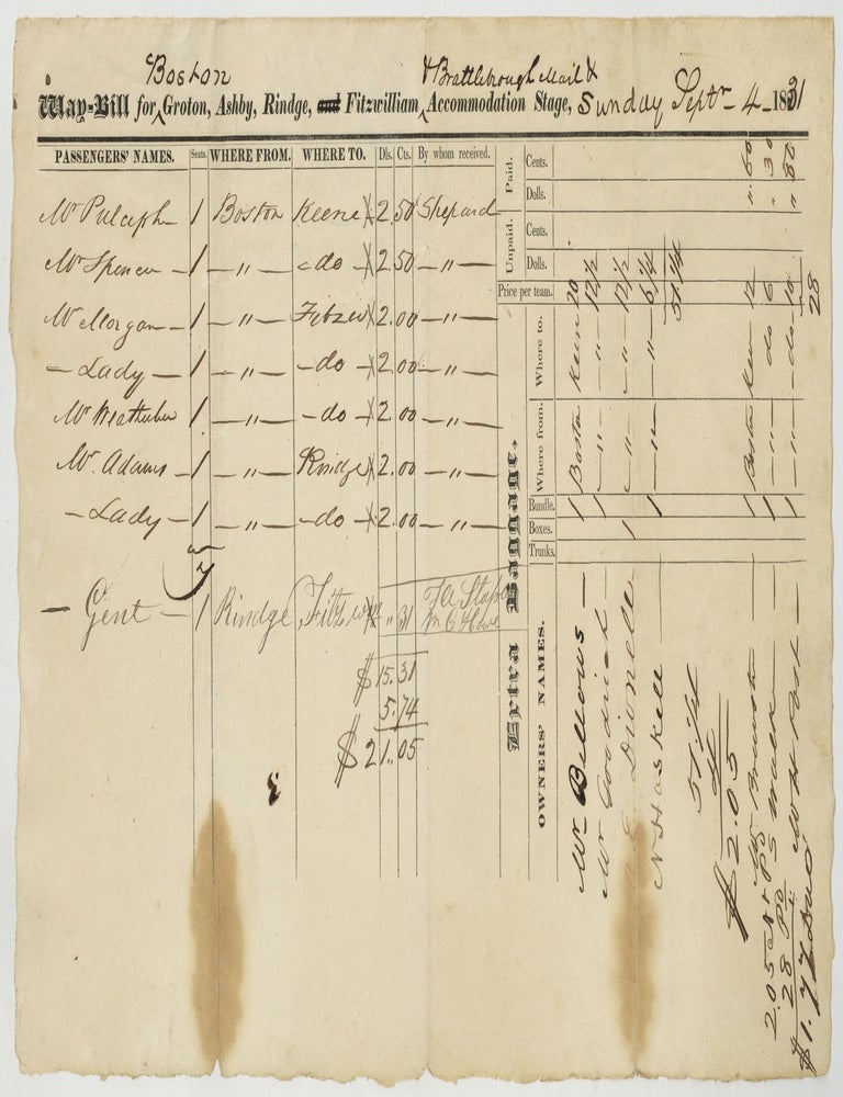 Item #629512 [Stage Coach]: Way-Bill for Boston, Groton, Ashby, Rindge, Fitzwilliam, & Brattleboro Mail & Accommodation Stage. 1831