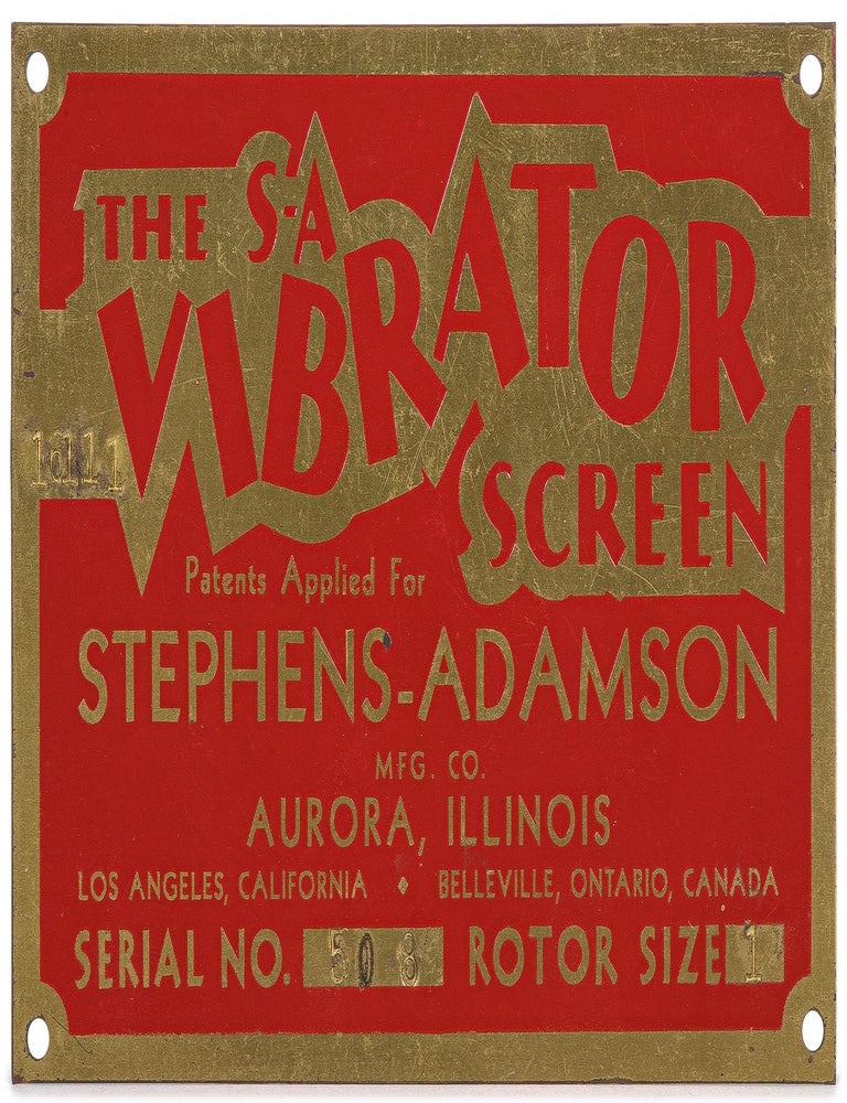 Item #629641 [Metal Plaque]: The S-A Vibrator Screen. Stephens-Adamson Mfg. Co. Aurora, Illinois
