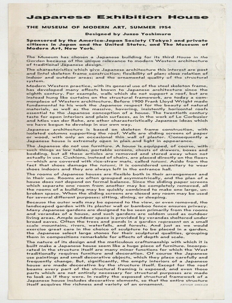 Item #629682 [Broadside]: Japanese Exhibition House. The Museum of Modern Art, Summer 1954. Designed by Junzo Toshimura. Junzo TOSHIMURA.