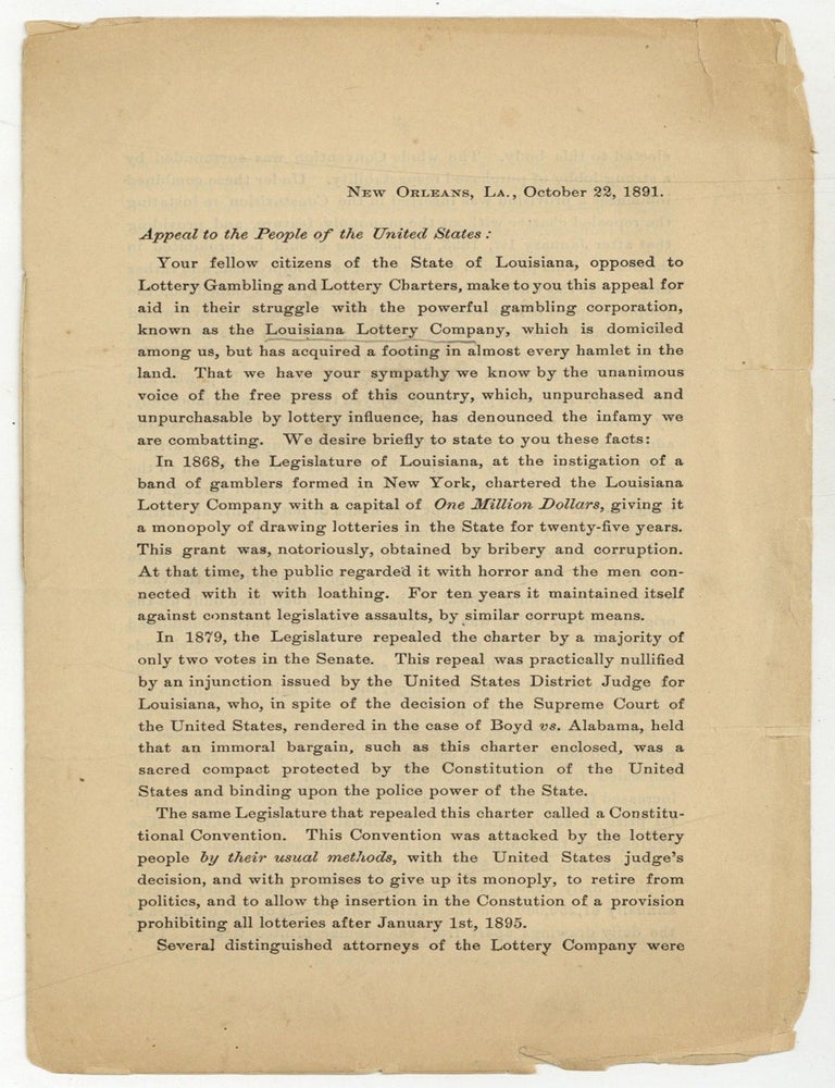 Item #629683 1891 New Orleans Anti-Lottery Pamphlet. C. Harrison PARKER, Charles Parlange, F. C. Zacharie, George D. Johnston.