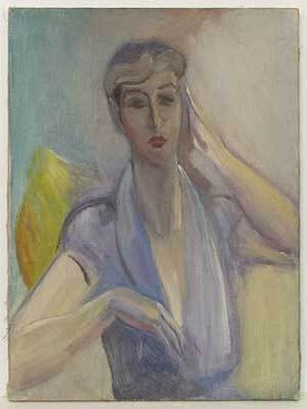 Item #72281 [Original Artwork]: Portrait of Marion Morehouse on Yellow Sofa. E. E CUMMINGS