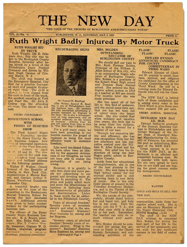 Item #76946 [Newspaper]: The New Day - May 4, 1935. "The Voice of the Negroes of Burlington and Surrounding Towns"
