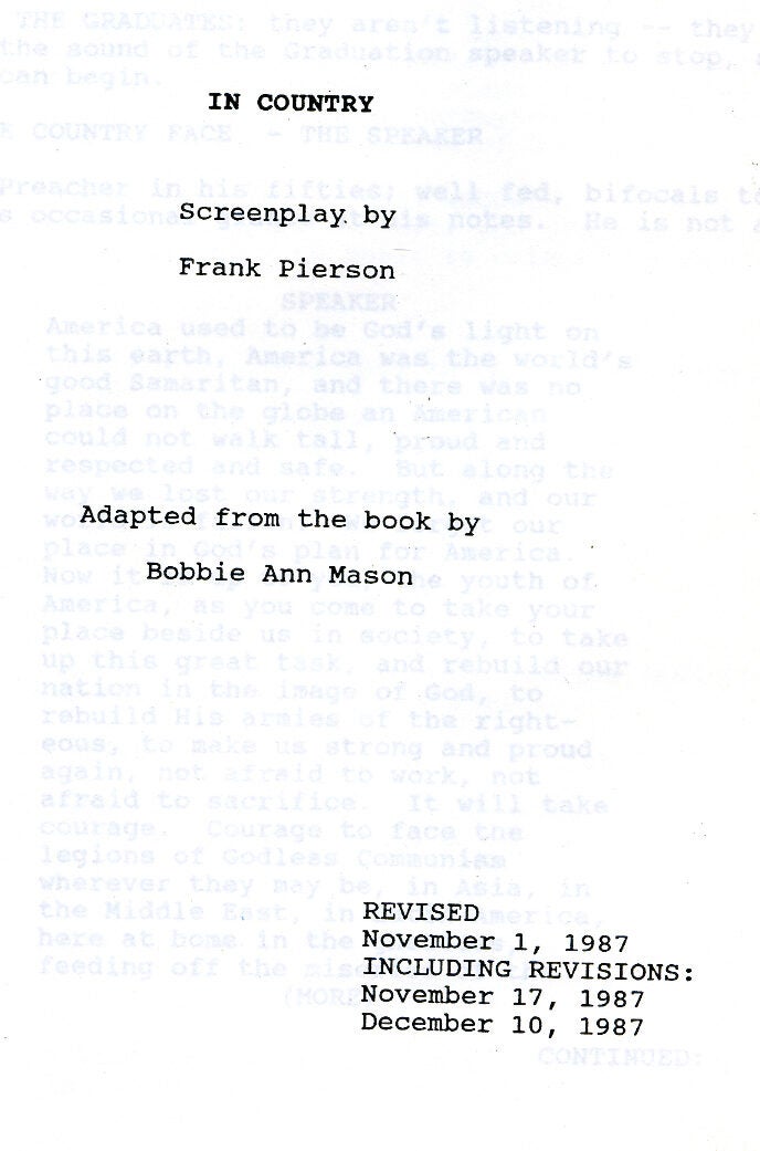Screenplay : In Country | Frank PIERSON, Bobbie Ann Mason