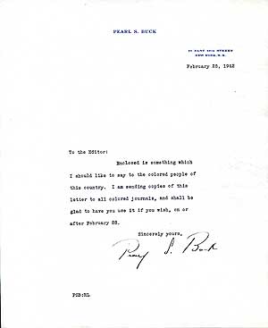 Item #81634 Typed Letter Signed (“Pearl S. Buck”). Pearl BUCK.