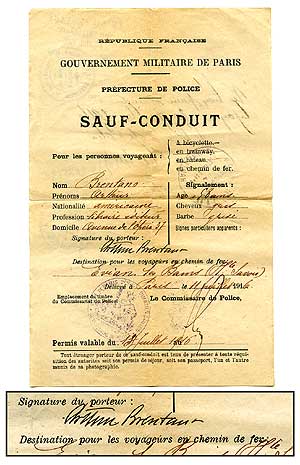 Item #84178 Republique Francaise Government Militaire De Paris Sauf-Conduit. Arthur BRENTANO.