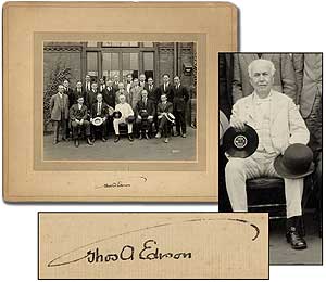 Item #89987 Signed Photograph of Edison holding a Record with the staff of the Edison Disc Plant. Thomas A. EDISON.