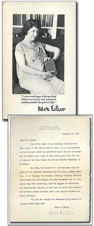 Item #90802 One Page Typed Letter Signed [with] Flyer for the American Foundation for the Blind. Helen KELLER.
