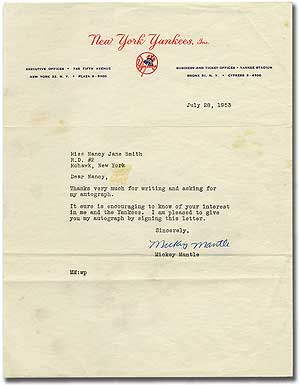 Item #97582 Typed Letter Signed ("Mickey Mantle"). Mickey MANTLE